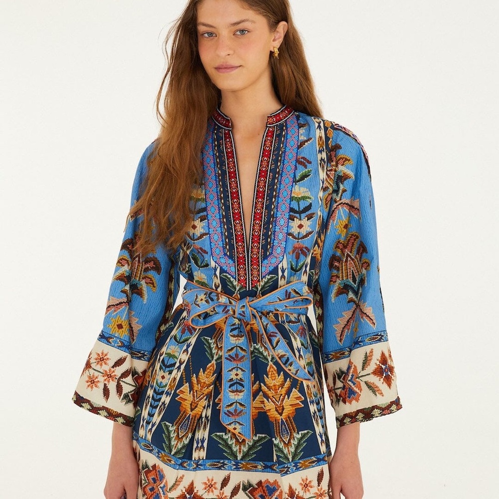 Farm Rio Embroidered Tapestry Organic Cotton Blue Boho Mini Dress with Belt - Picture 3 of 10